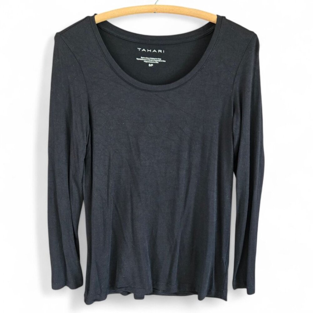 Tahari Womens Black Long Sleeve Top Size Small Scoop Neck Knit